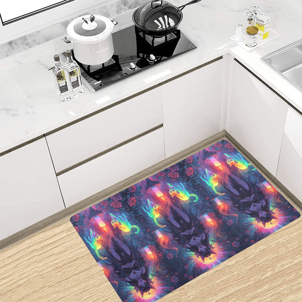 “Ultra‑detailed hyper‑saturated rainbow illustration of Lilith with two glowing cats prowling at her feet in a candlelit enchanted garden, rainbow roses exploding in color, floating neon rainbow crystals, rain (14)