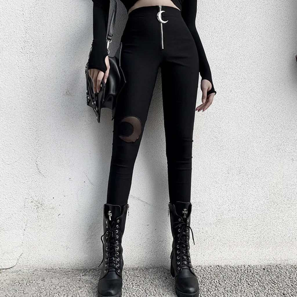 Gothic Crescent Moon Cutout Pants - Night Bloom Digital Empire Studios
