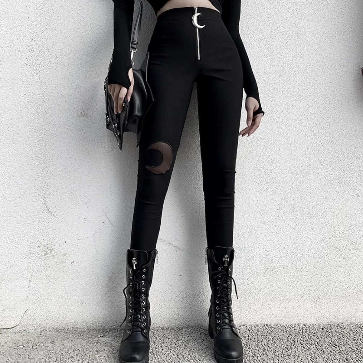 Gothic Crescent Moon Cutout Pants - Night Bloom Digital Empire Studios