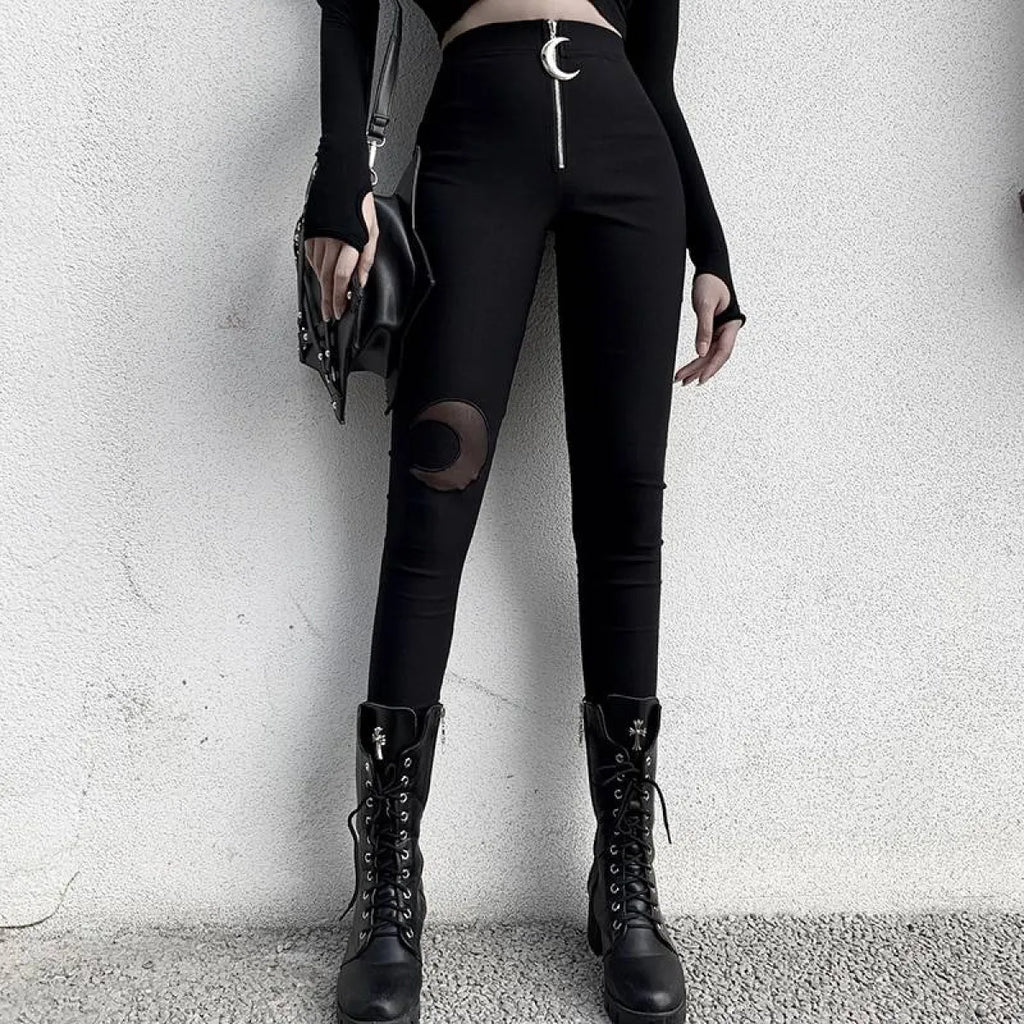 Gothic Crescent Moon Cutout Pants - Night Bloom Digital Empire Studios
