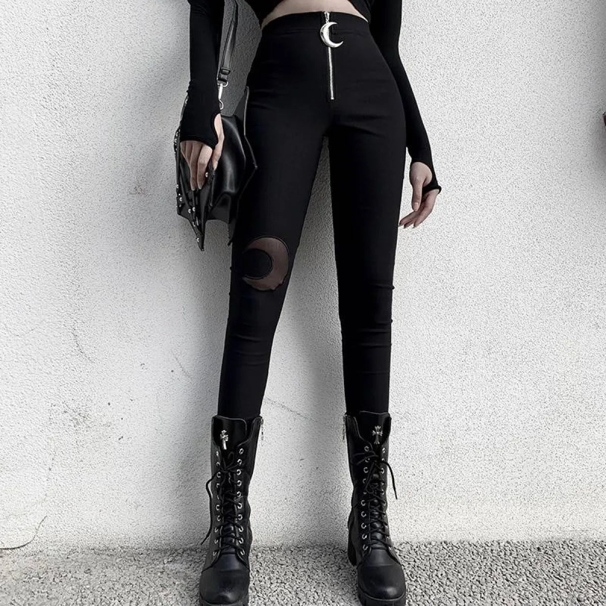 Gothic Crescent Moon Cutout Pants - Night Bloom Digital Empire Studios