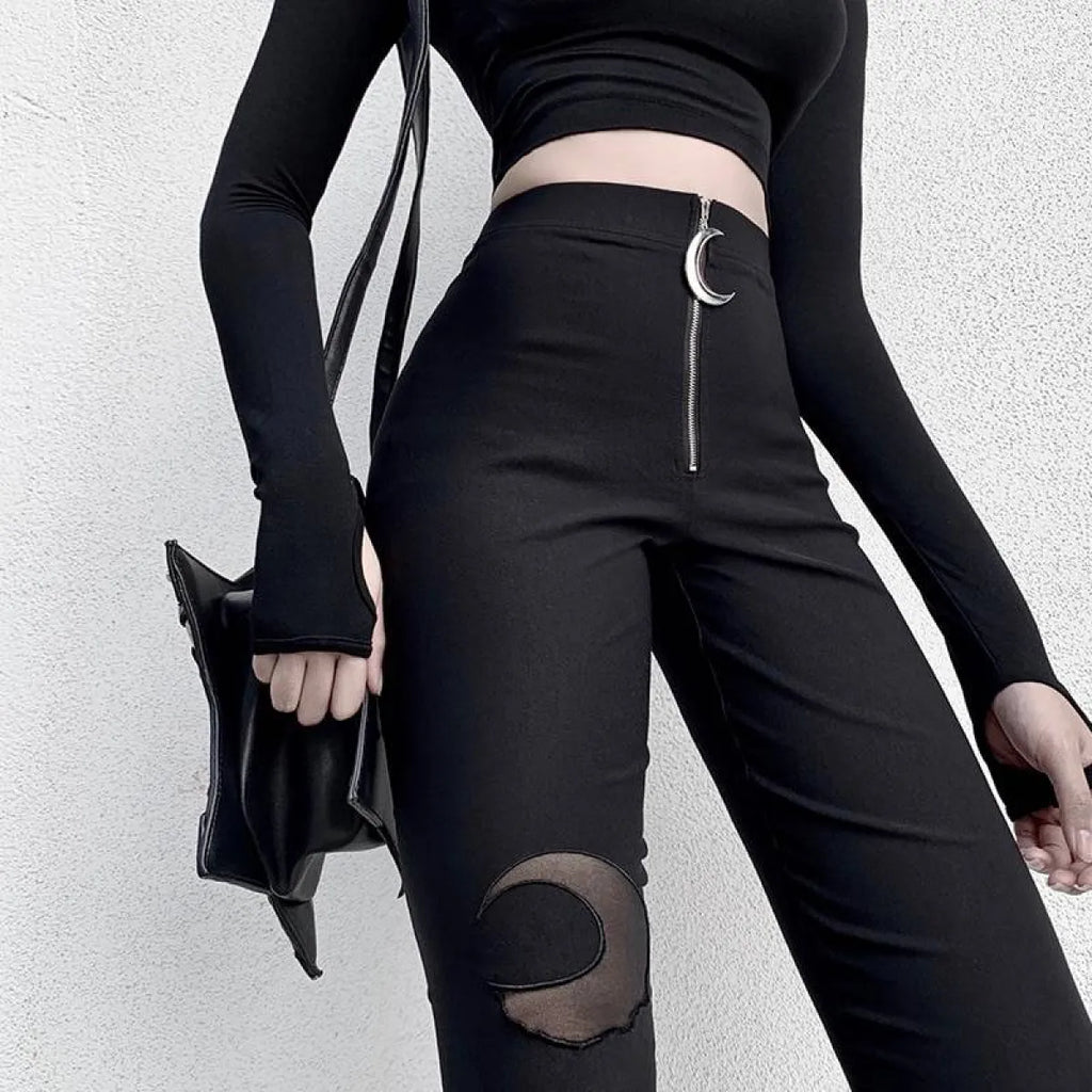 Gothic Crescent Moon Cutout Pants - Night Bloom Digital Empire Studios