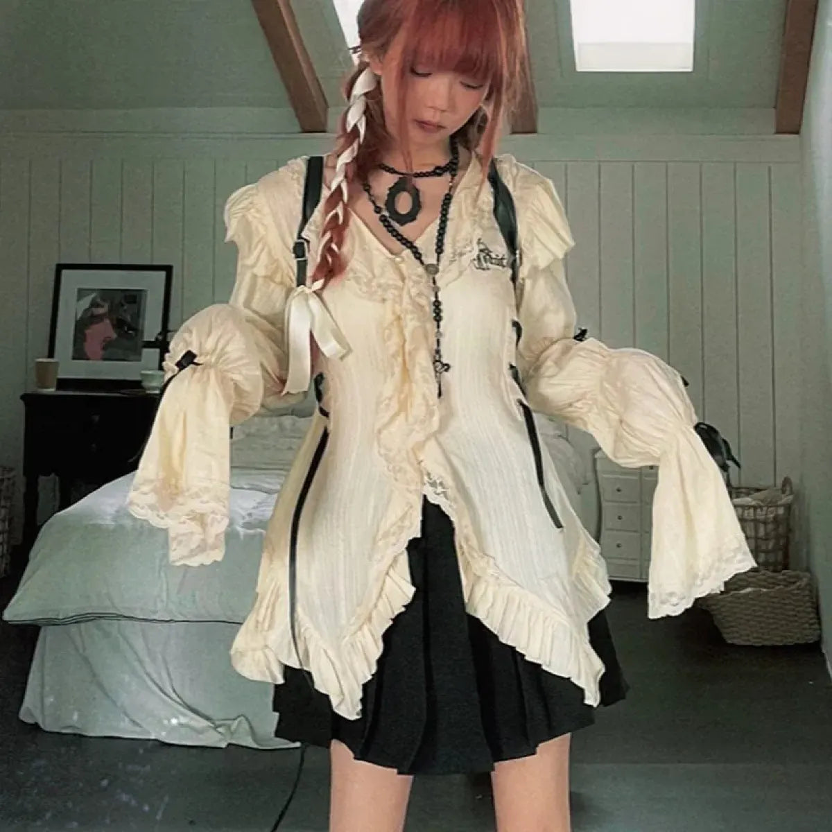 Gothic Lace Blouse – Irregular Harajuku Lolita Top - Night Bloom Digital Empire Studios