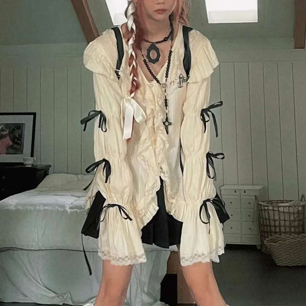 Gothic Lace Blouse – Irregular Harajuku Lolita Top - Night Bloom Digital Empire Studios