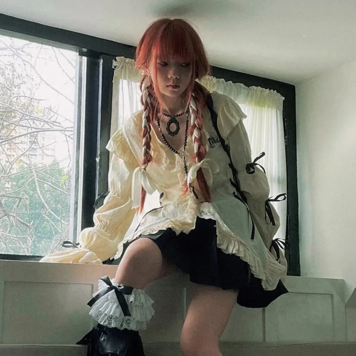 Gothic Lace Blouse – Irregular Harajuku Lolita Top - Night Bloom Digital Empire Studios