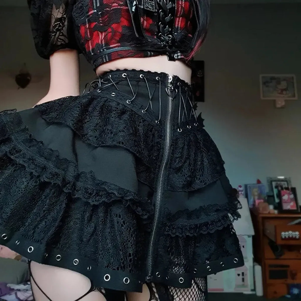 Punk Vintage High-Waist Skirt – Kawaii Harajuku Gothic Mini - Night Bloom Digital Empire Studios