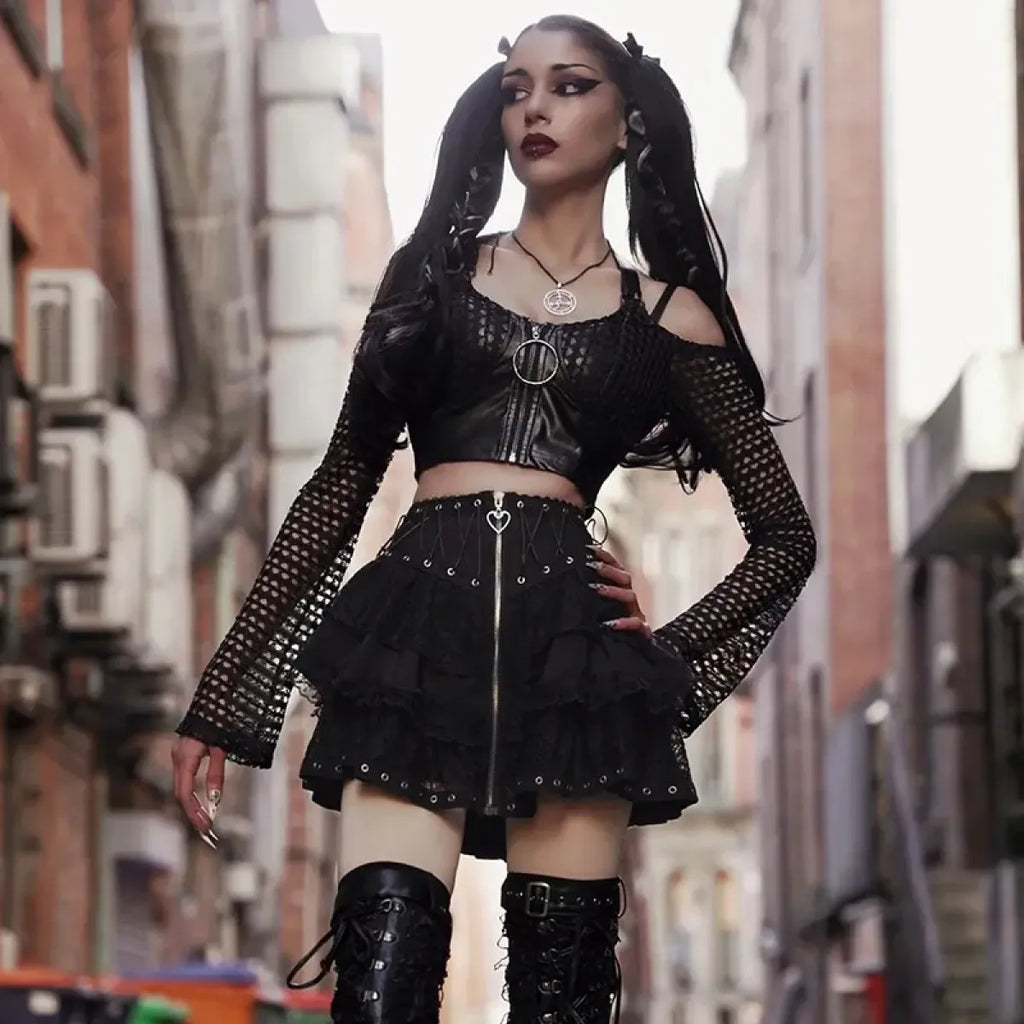 Punk Vintage High-Waist Skirt – Kawaii Harajuku Gothic Mini - Night Bloom Digital Empire Studios