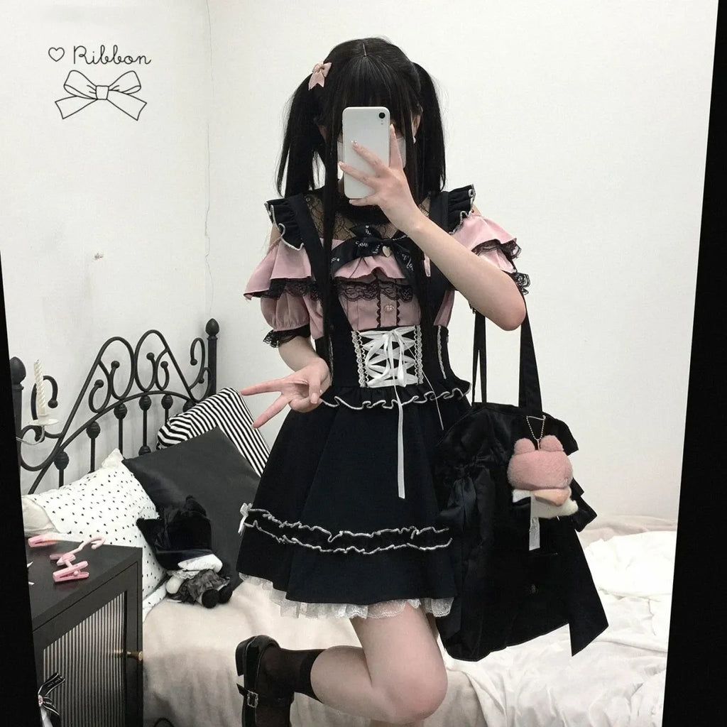 Gothic Lolita Suspender Skirt – Ruffle Lace Bow Mini Skirt - Night Bloom Digital Empire Studios