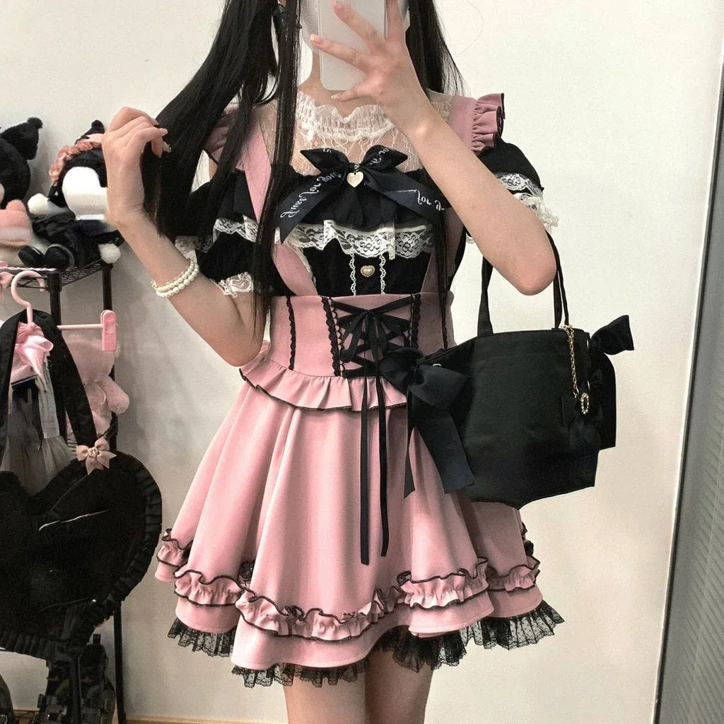 Gothic Lolita Suspender Skirt – Ruffle Lace Bow Mini Skirt - Night Bloom Digital Empire Studios