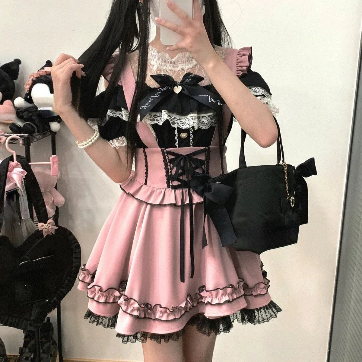 Gothic Lolita Suspender Skirt – Ruffle Lace Bow Mini Skirt - Night Bloom Digital Empire Studios