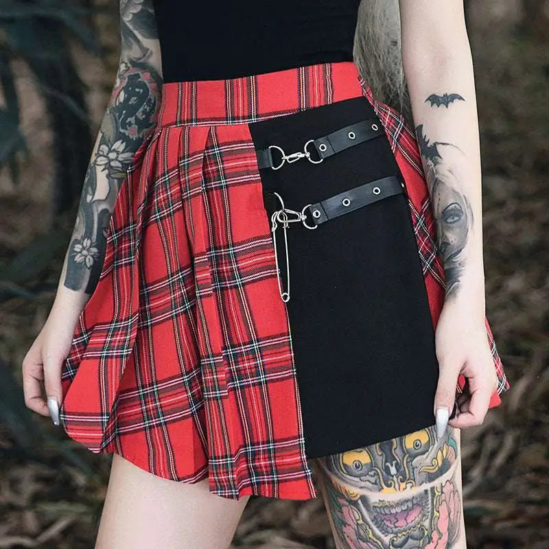 Gothic Pleated Short Skirt with Straps and Hardware - Night Bloom Digital Empire Studios