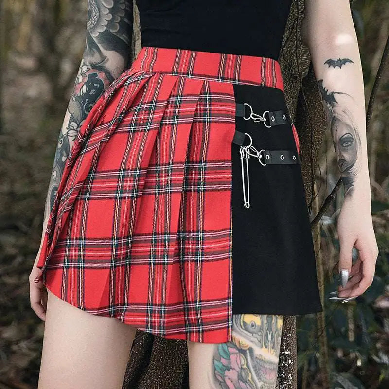 Gothic Pleated Short Skirt with Straps and Hardware - Night Bloom Digital Empire Studios