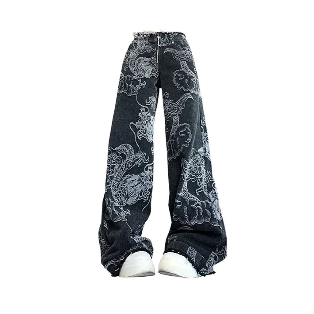Gothic Dragon Print Baggy Jeans – Harajuku Y2K Aesthetic Denim - Night Bloom Digital Empire Studios