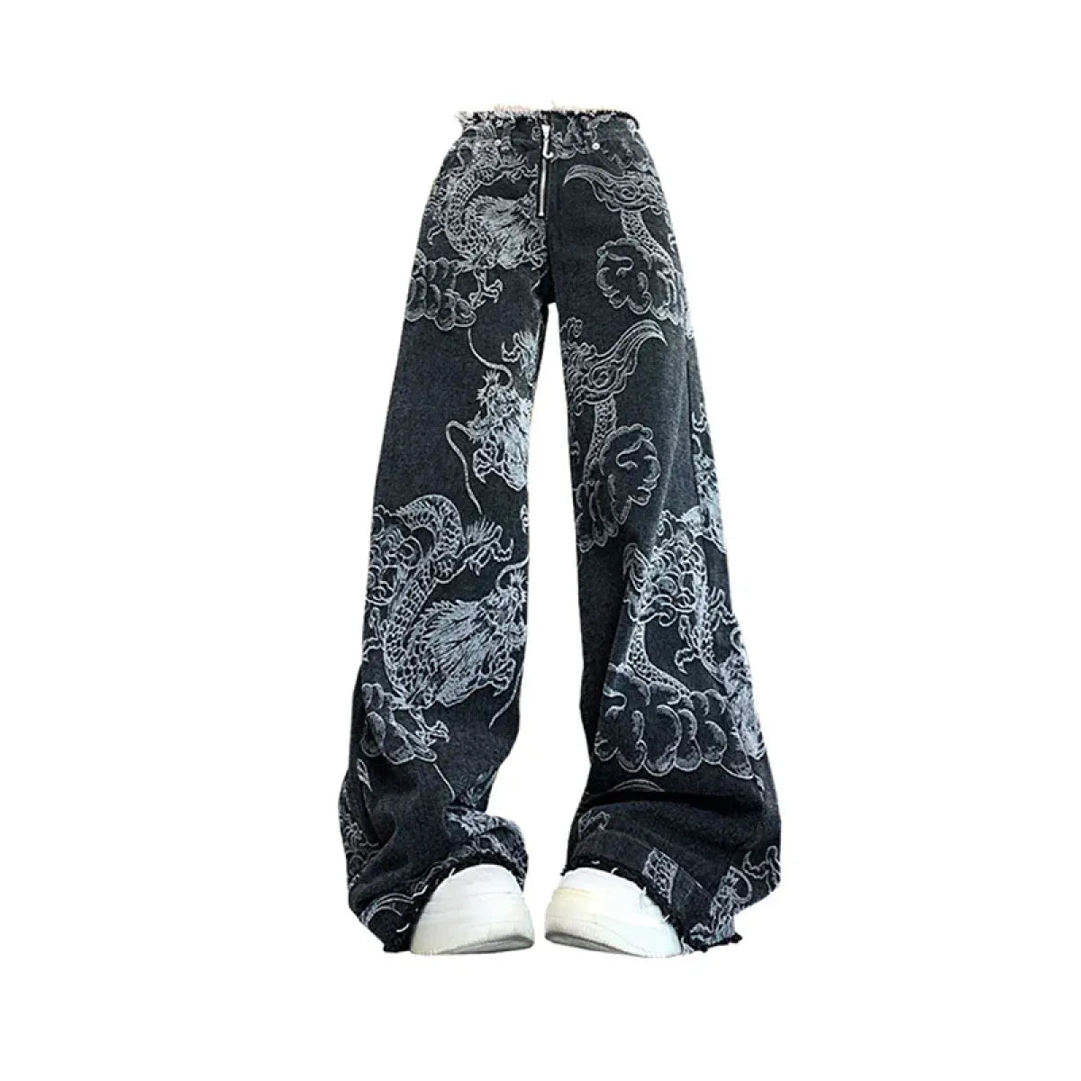 Gothic Dragon Print Baggy Jeans – Harajuku Y2K Aesthetic Denim - Night Bloom Digital Empire Studios