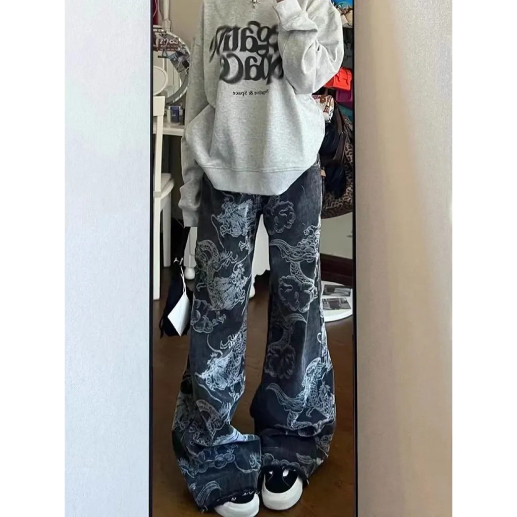 Gothic Dragon Print Baggy Jeans – Harajuku Y2K Aesthetic Denim - Night Bloom Digital Empire Studios