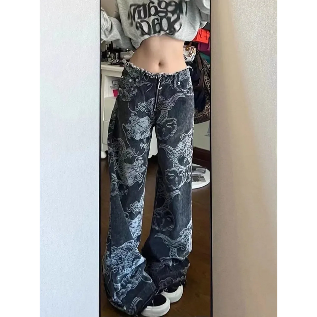 Gothic Dragon Print Baggy Jeans – Harajuku Y2K Aesthetic Denim - Night Bloom Digital Empire Studios