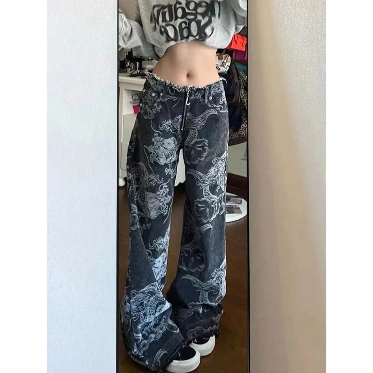 Gothic Dragon Print Baggy Jeans – Harajuku Y2K Aesthetic Denim - Night Bloom Digital Empire Studios