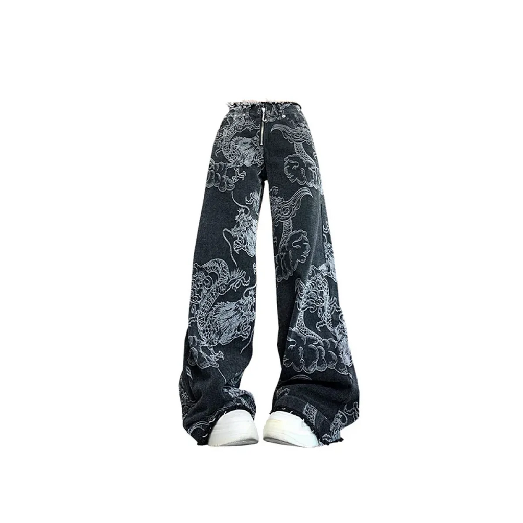 Gothic Dragon Print Baggy Jeans – Harajuku Y2K Aesthetic Denim - Night Bloom Digital Empire Studios