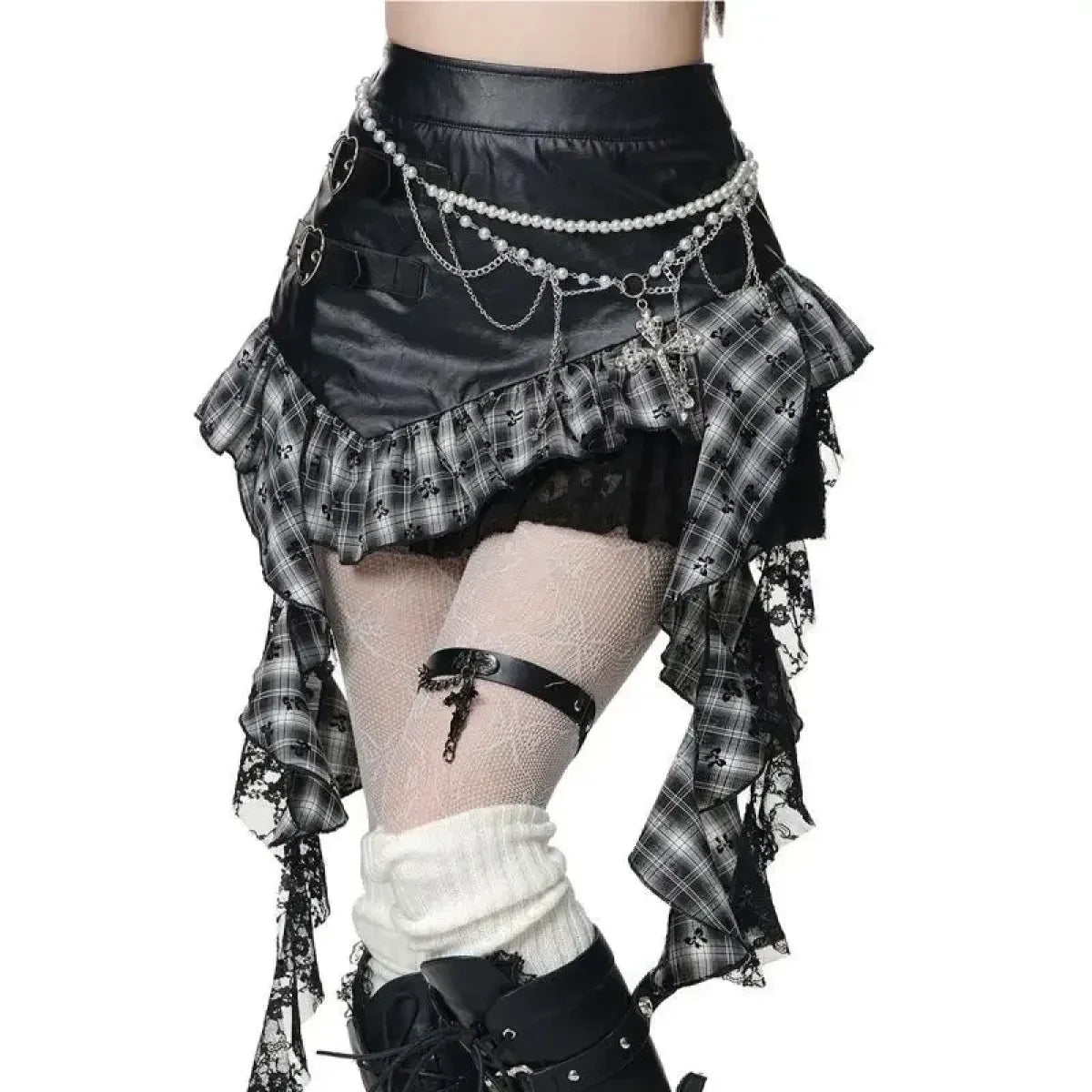 Plaid Gothic PU Leather Skirt – Harajuku Y2K Lace Aesthetic - Night Bloom Digital Empire Studios