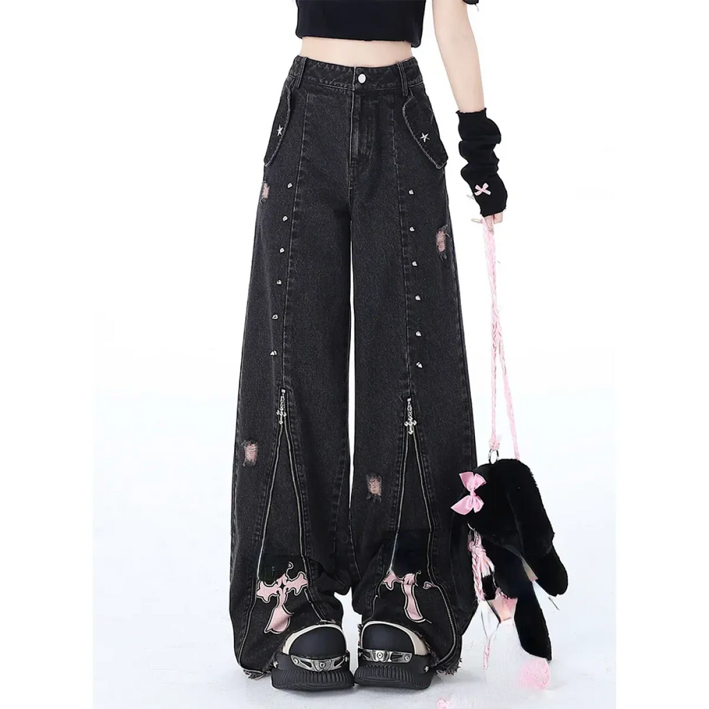 Gothic Harajuku Baggy Jeans – High Waist Y2K Denim Pants - Night Bloom Digital Empire Studios