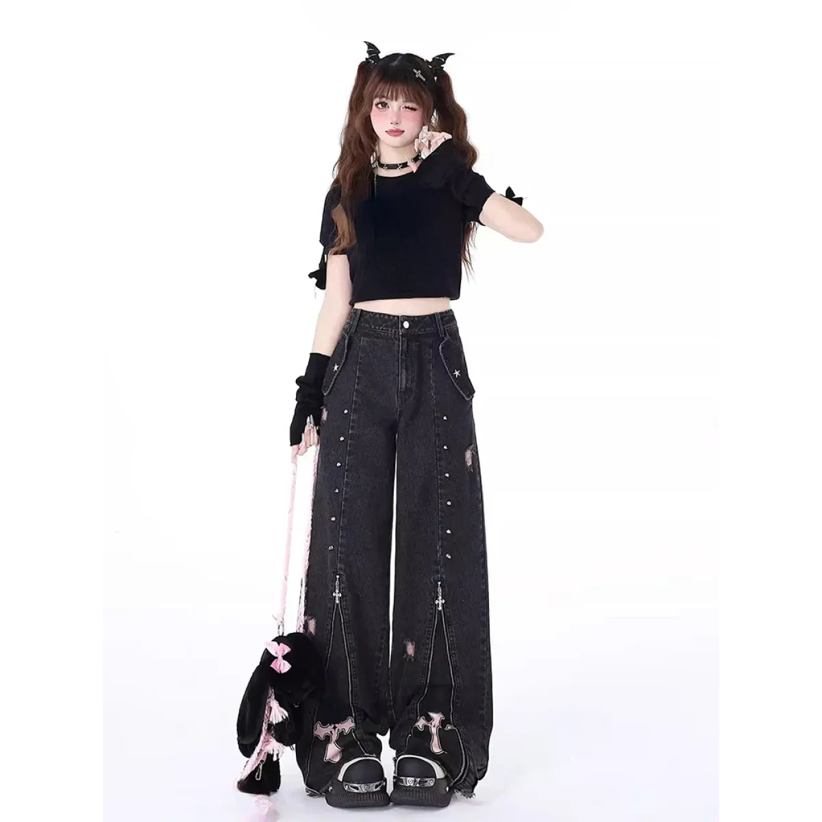 Gothic Harajuku Baggy Jeans – High Waist Y2K Denim Pants - Night Bloom Digital Empire Studios