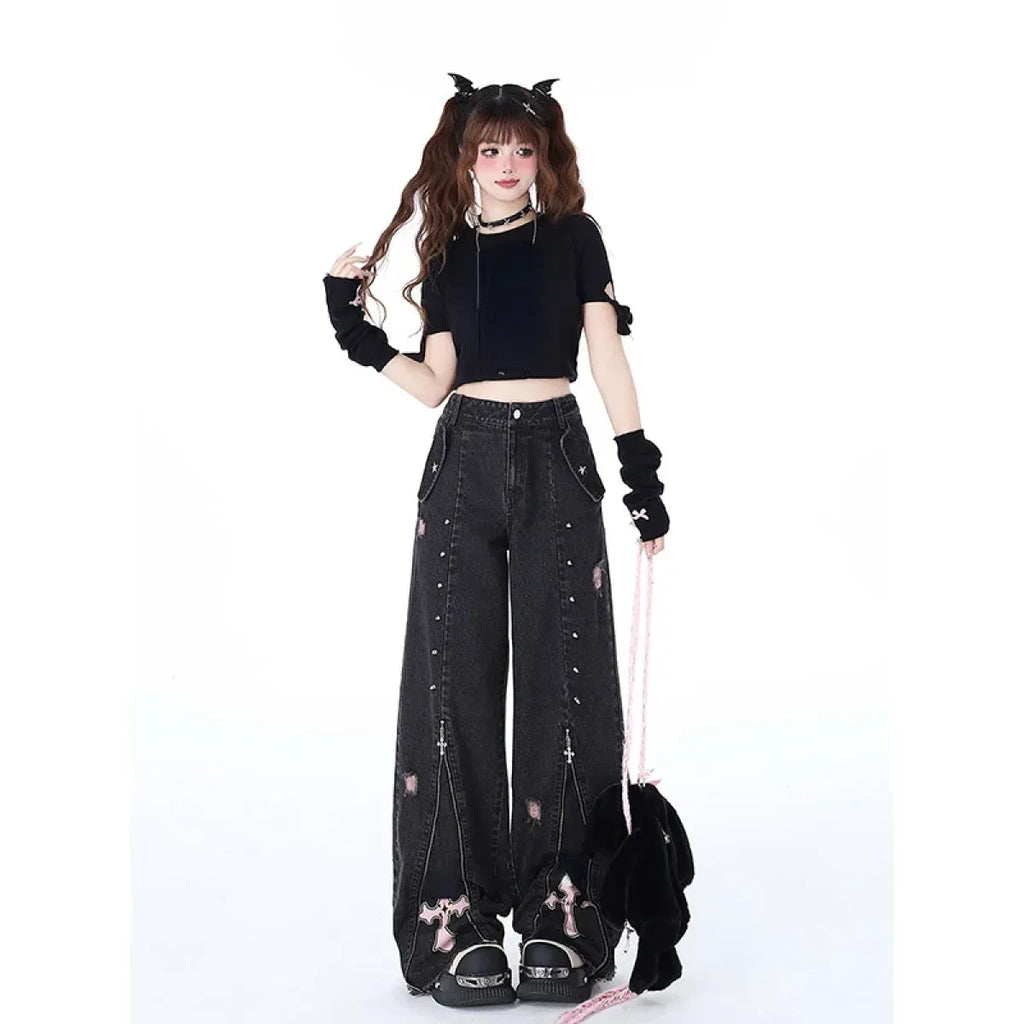 Gothic Harajuku Baggy Jeans – High Waist Y2K Denim Pants - Night Bloom Digital Empire Studios