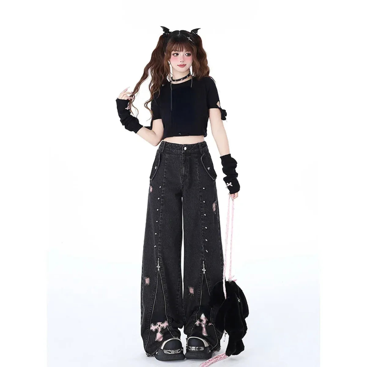 Gothic Harajuku Baggy Jeans – High Waist Y2K Denim Pants - Night Bloom Digital Empire Studios