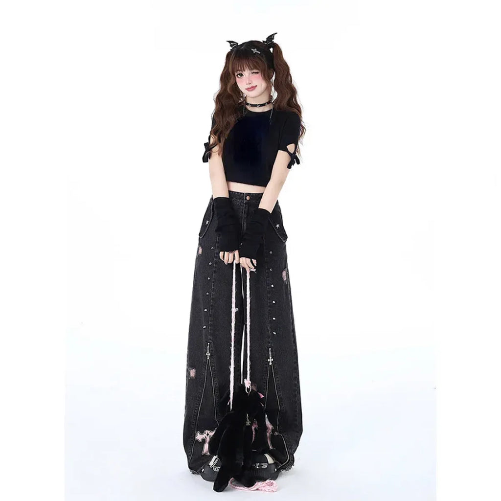 Gothic Harajuku Baggy Jeans – High Waist Y2K Denim Pants - Night Bloom Digital Empire Studios