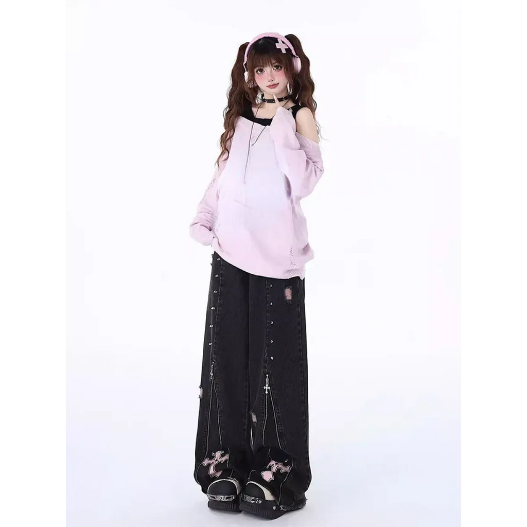 Gothic Harajuku Baggy Jeans – High Waist Y2K Denim Pants - Night Bloom Digital Empire Studios