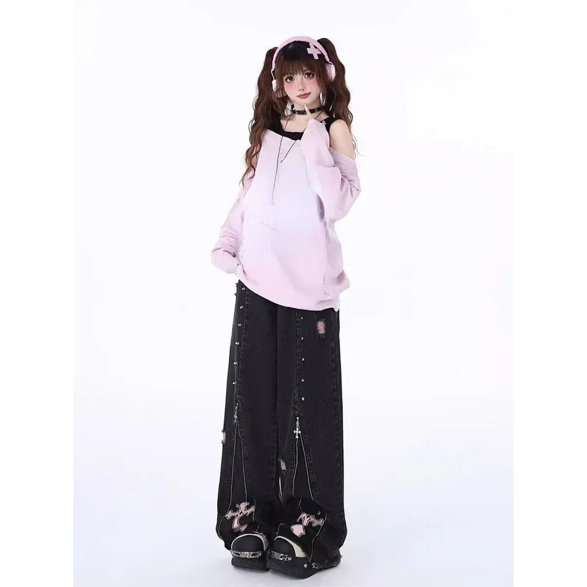 Gothic Harajuku Baggy Jeans – High Waist Y2K Denim Pants - Night Bloom Digital Empire Studios