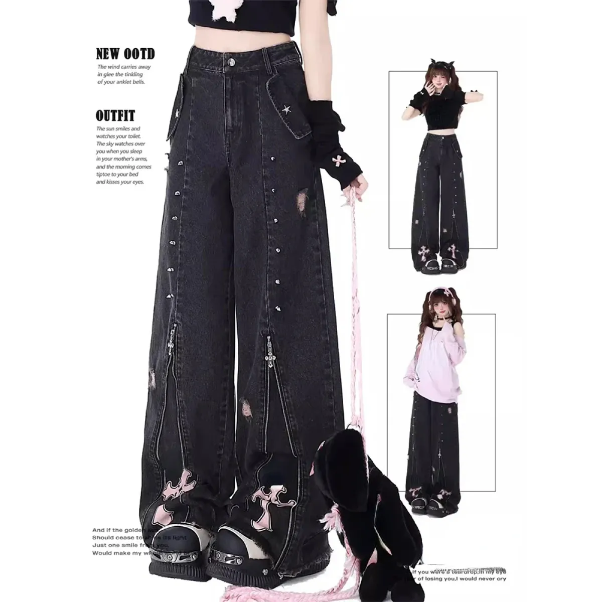 Gothic Harajuku Baggy Jeans – High Waist Y2K Denim Pants - Night Bloom Digital Empire Studios