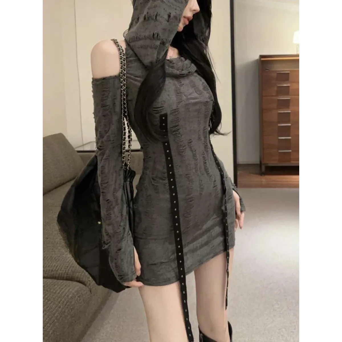 Hooded Gothic Dress – Distressed Slim High Street Style - Night Bloom Digital Empire Studios