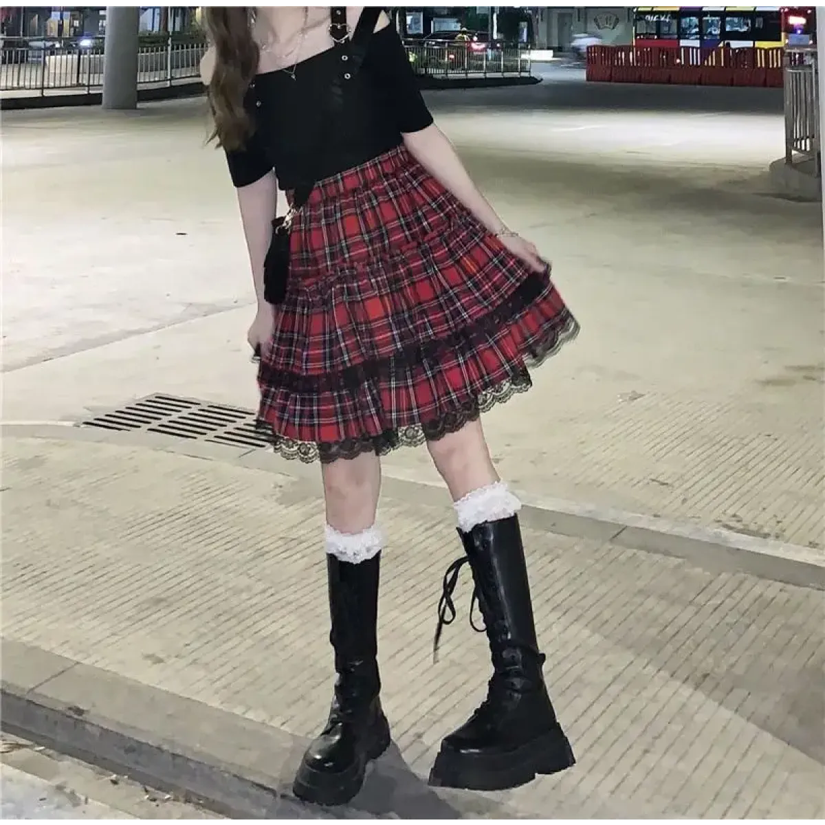 Lace Gothic Y2K Mini Skirt - High Waist Plaid A-line Red Skirt - Night Bloom Digital Empire Studios