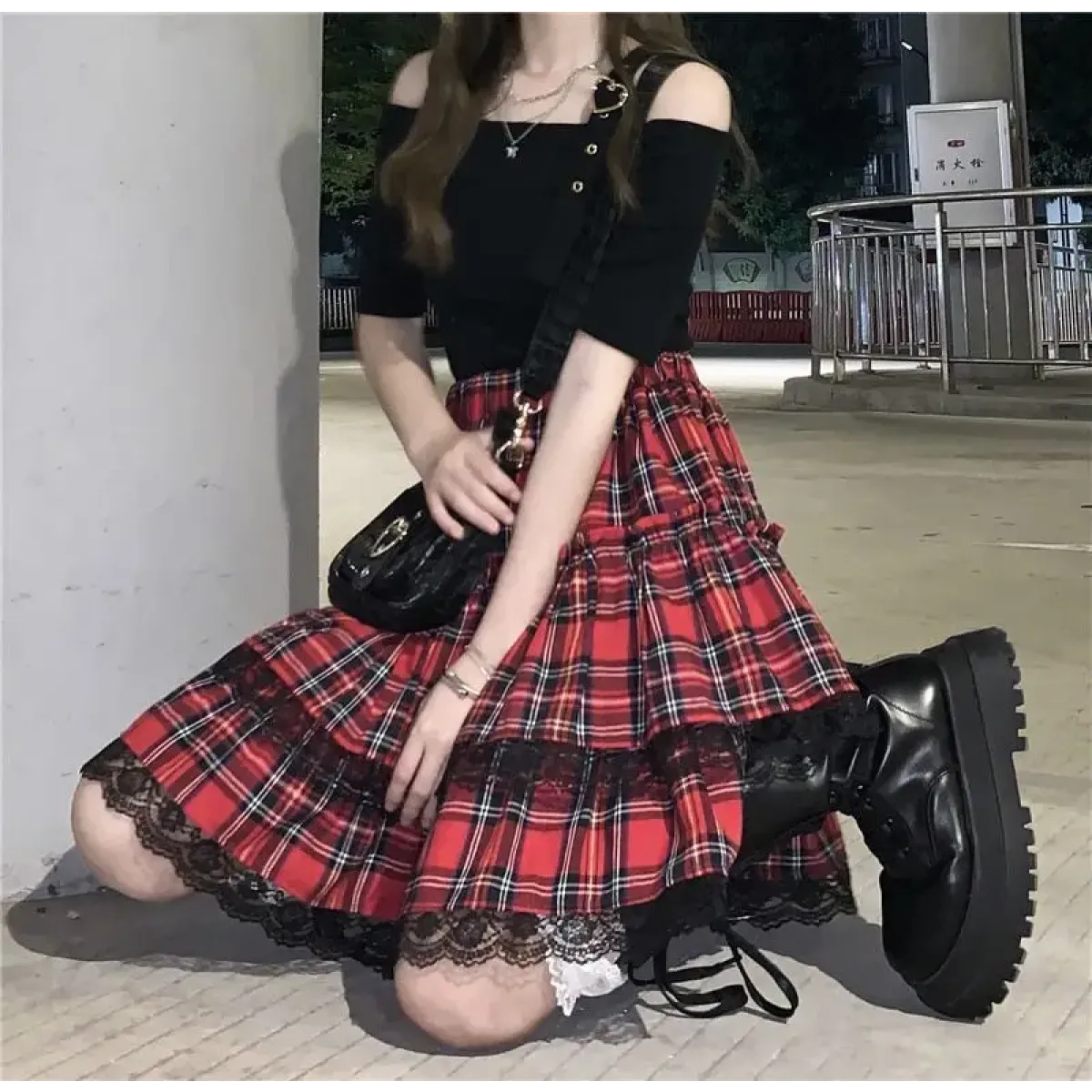 Lace Gothic Y2K Mini Skirt - High Waist Plaid A-line Red Skirt - Night Bloom Digital Empire Studios
