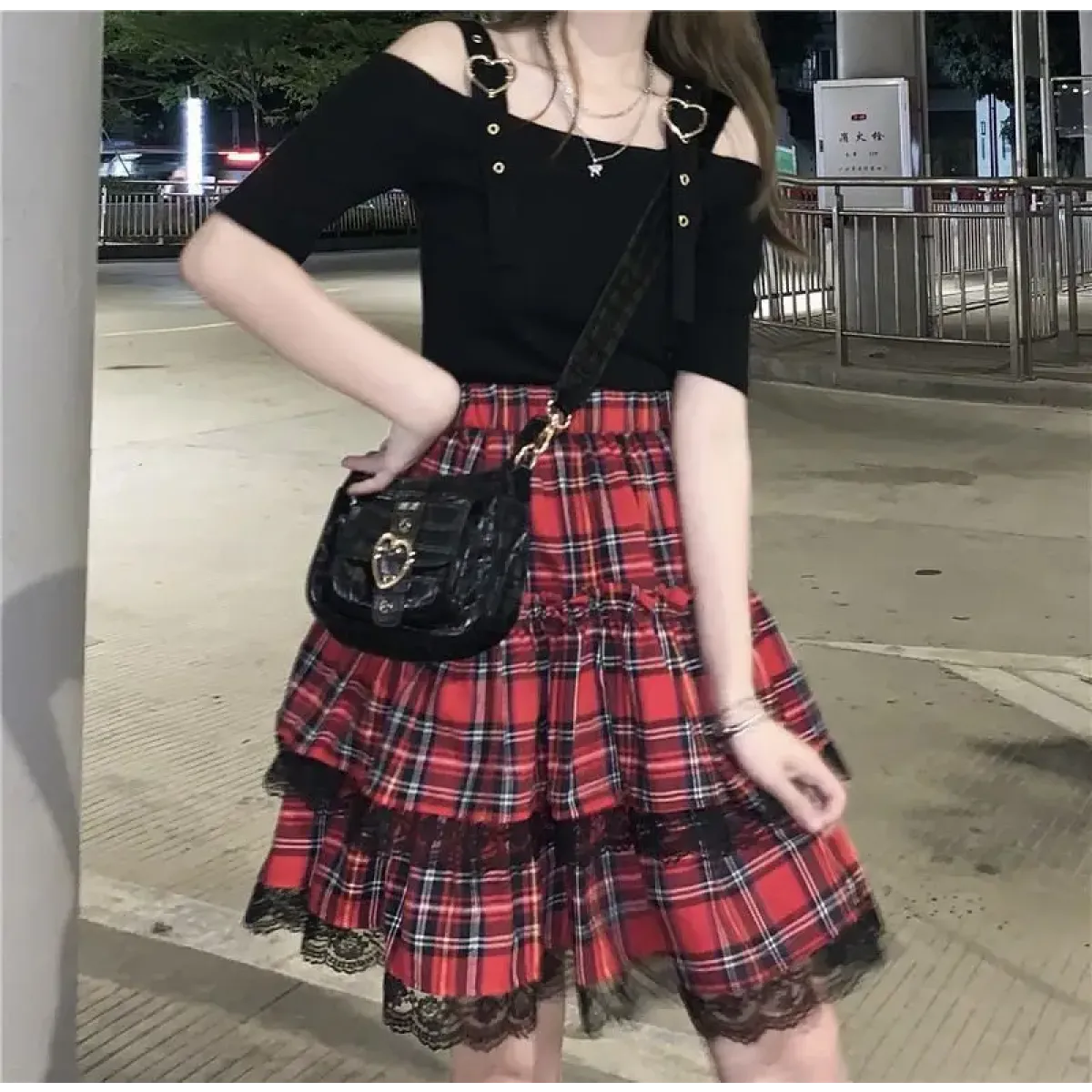 Lace Gothic Y2K Mini Skirt - High Waist Plaid A-line Red Skirt - Night Bloom Digital Empire Studios