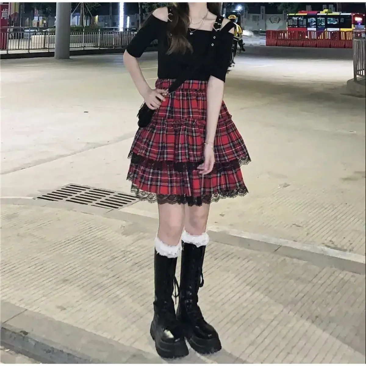 Lace Gothic Y2K Mini Skirt - High Waist Plaid A-line Red Skirt - Night Bloom Digital Empire Studios
