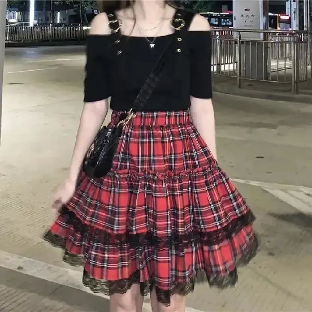 Lace Gothic Y2K Mini Skirt - High Waist Plaid A-line Red Skirt - Night Bloom Digital Empire Studios