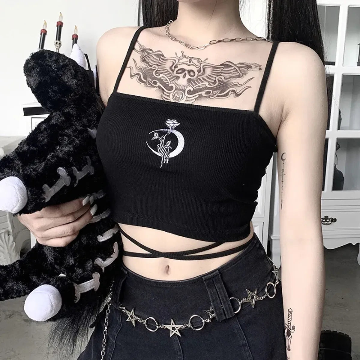 Midnight Moon Gothic Wrap Crop Top - Night Bloom Digital Empire Studios