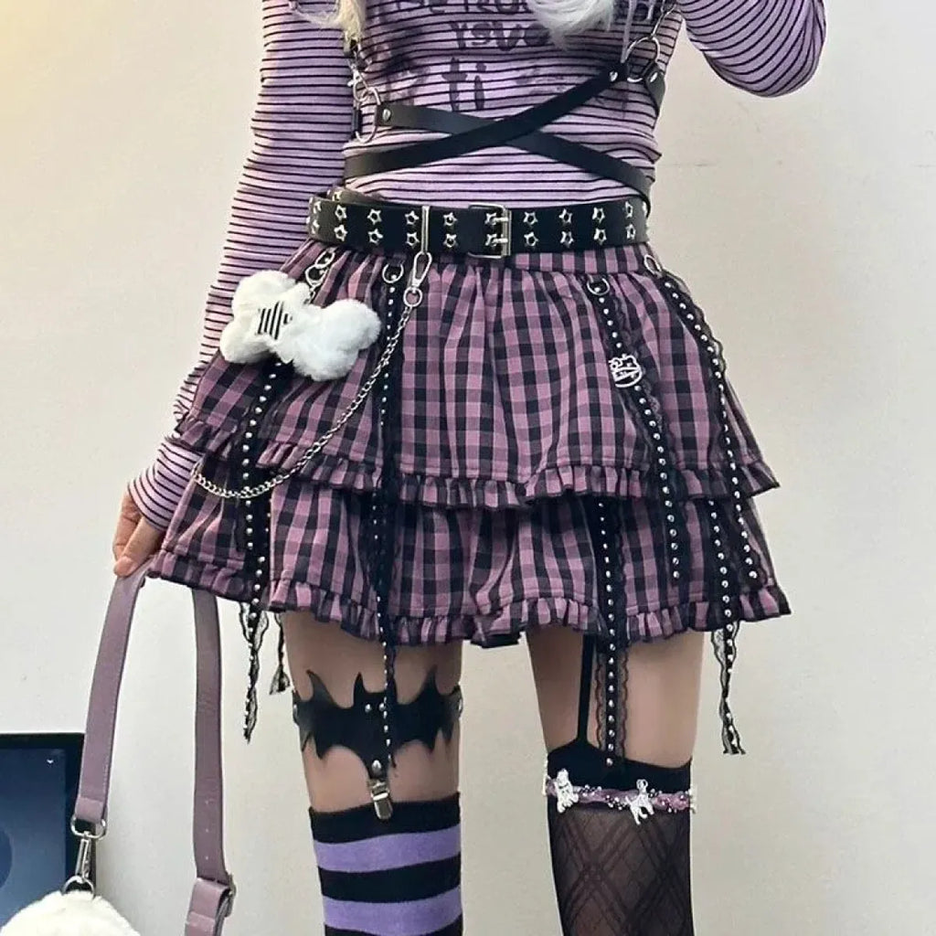 Plaid Layered Skirt – Harajuku Punk Gothic Lolita Style - Night Bloom Digital Empire Studios