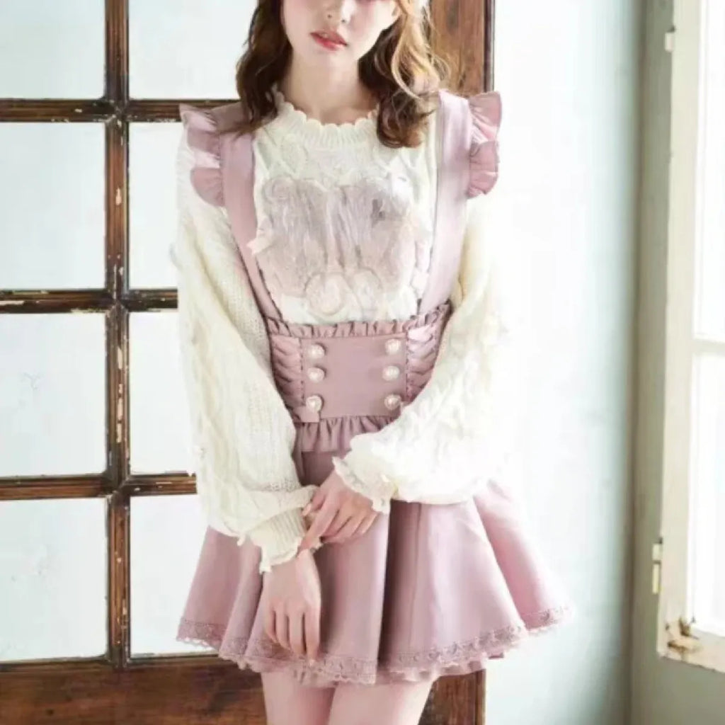 Gothic Lolita Suspender Skirt – Lace Trim Bowknot A-Line Mini - Night Bloom Digital Empire Studios