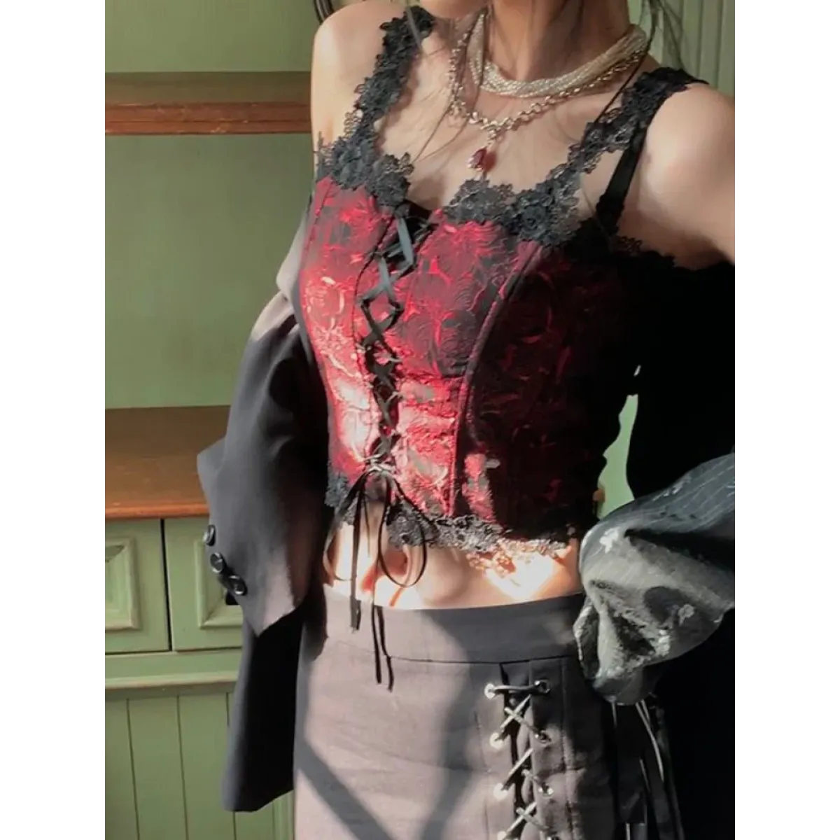 Gothic Lace-Up Crop Top – Sleeveless Vintage Design - Night Bloom Digital Empire Studios