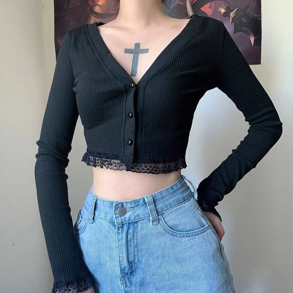 Vintage Gothic Lace Black Cardigan - Night Bloom Digital Empire Studios