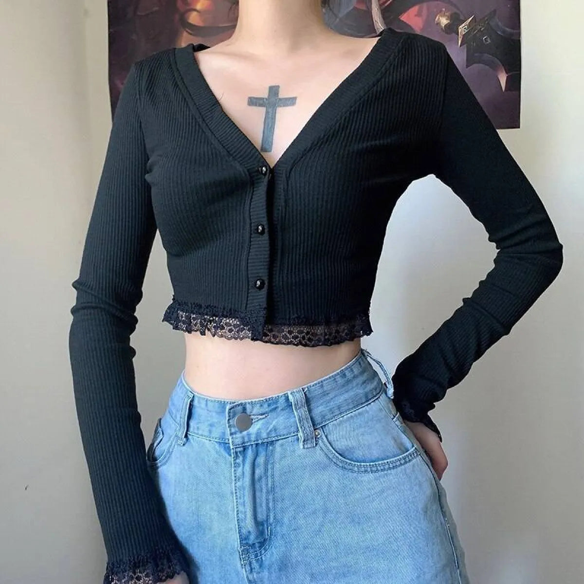 Vintage Gothic Lace Black Cardigan - Night Bloom Digital Empire Studios