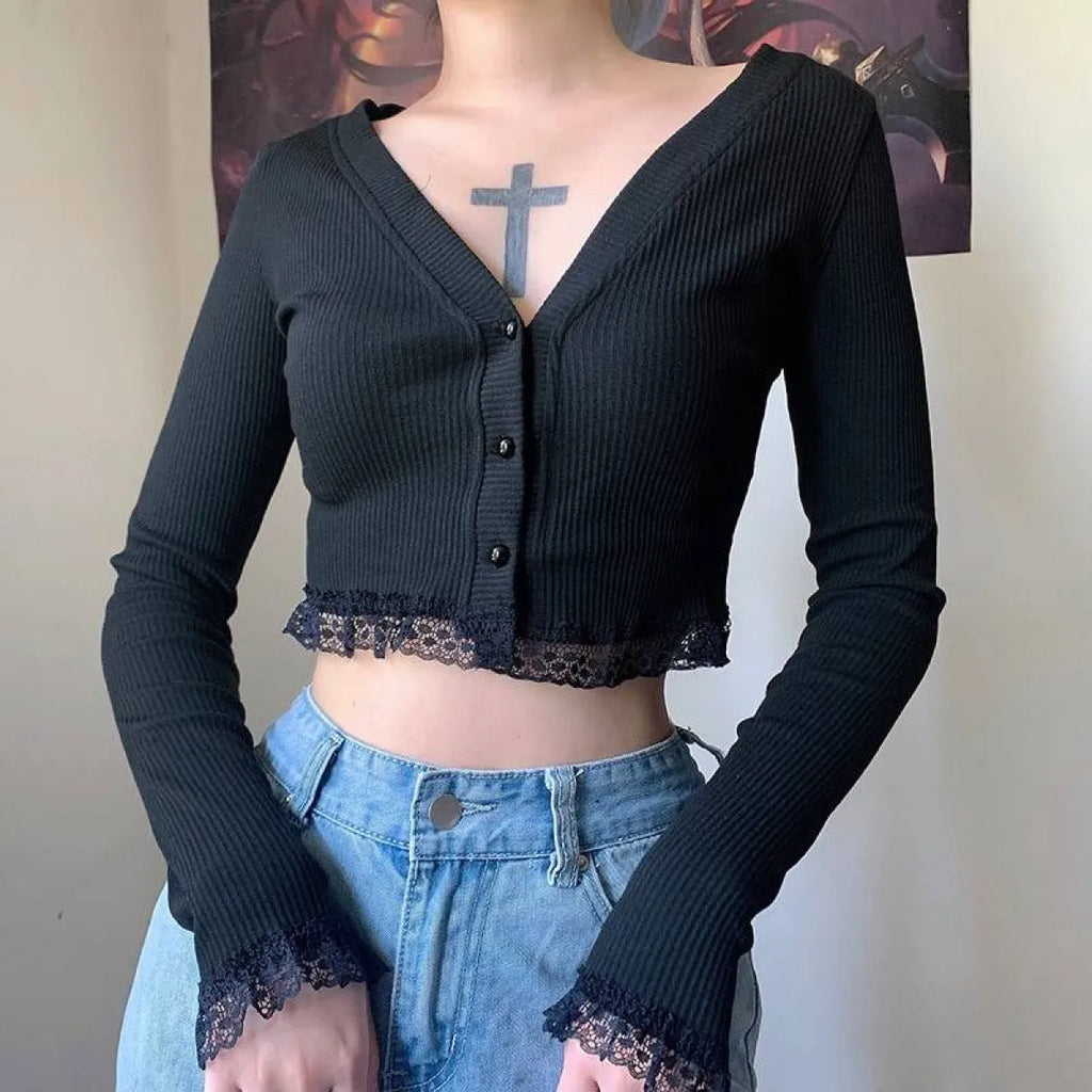 Vintage Gothic Lace Black Cardigan - Night Bloom Digital Empire Studios