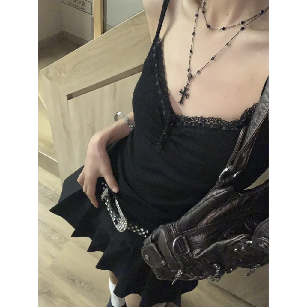 Black Lace Trim Tank Top – Y2K Gothic Coquette Punk Grunge Crop Top - Night Bloom Digital Empire Studios