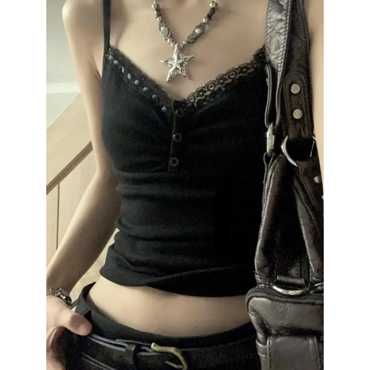 Black Lace Trim Tank Top – Y2K Gothic Coquette Punk Grunge Crop Top - Night Bloom Digital Empire Studios
