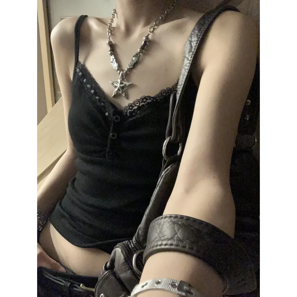 Black Lace Trim Tank Top – Y2K Gothic Coquette Punk Grunge Crop Top - Night Bloom Digital Empire Studios