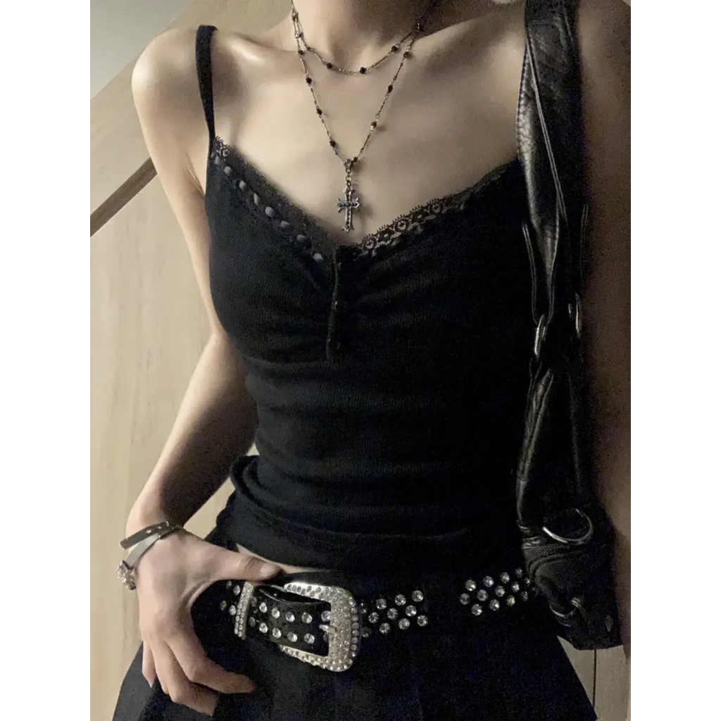 Black Lace Trim Tank Top – Y2K Gothic Coquette Punk Grunge Crop Top - Night Bloom Digital Empire Studios