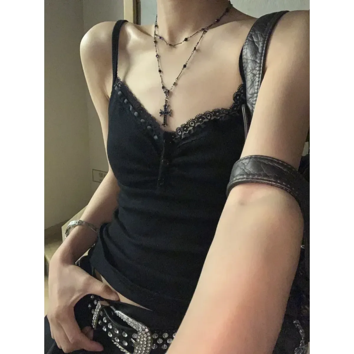 Black Lace Trim Tank Top – Y2K Gothic Coquette Punk Grunge Crop Top - Night Bloom Digital Empire Studios