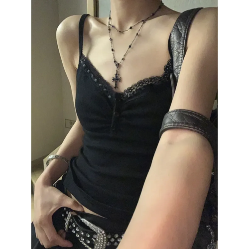 Black Lace Trim Tank Top – Y2K Gothic Coquette Punk Grunge Crop Top - Night Bloom Digital Empire Studios